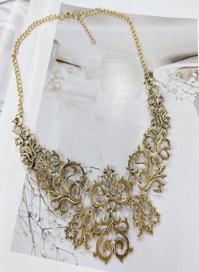 Cykdohy Vintage Hollow Filigree Floral Exaggerated Choker Statement Retro Necklace for Women Men Short Chunky Ethnic Ancient Gold Silver Carved Lace Pendant Collar Bib Clavicle Chain Gypsy Tribal Jewelry (Ancient Gold) - Image 4